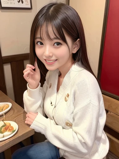 Japanese female, (underweight), (medium bust best quality:1.5), 30 years old, (cheerful grin:1.3),
Izakaya in town, food photo, happy, (having a meal:1.3), sitting, (white sweater), (red jeans), Japanese, chill atmosphere, (full body shot:1.2), soft lighting