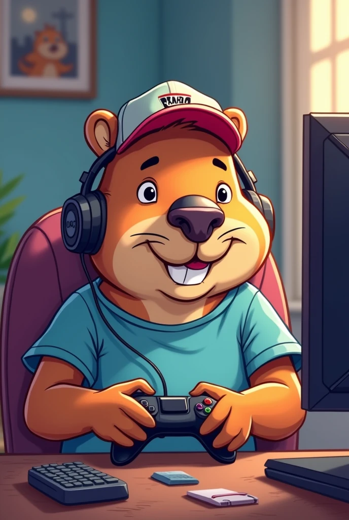 cartoon capybara with mustache playing video game in t-shirt, cap and headphones