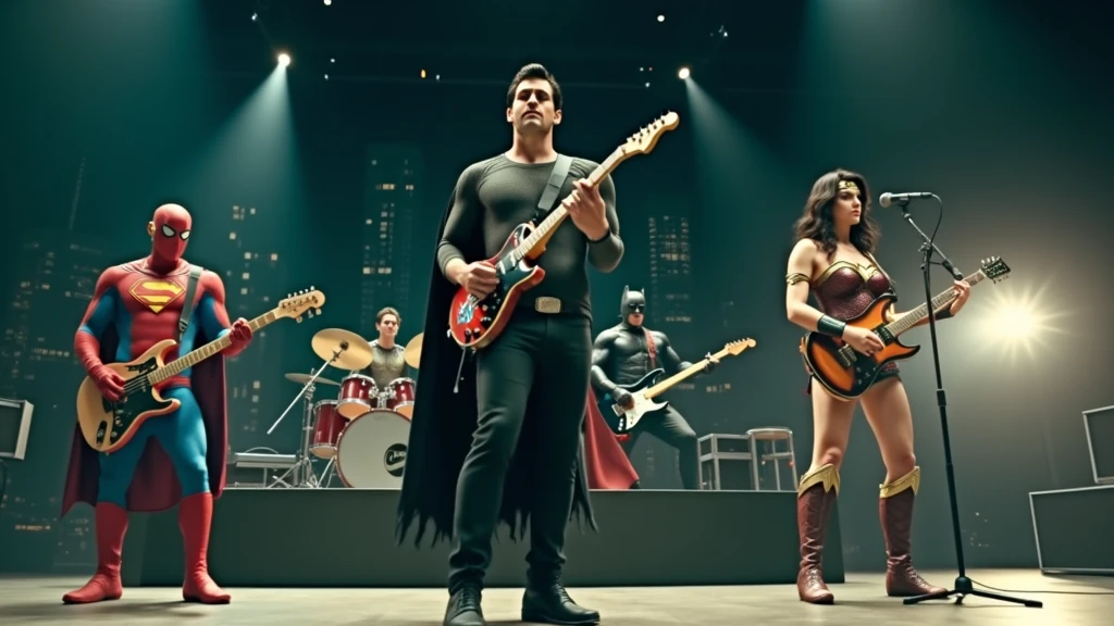 justice league rock band style, spider man playing drums ,superman vocalist , batman on the way out, wonder woman vocal , flash guitar, superheroes playing instruments at a rock concert,styled 