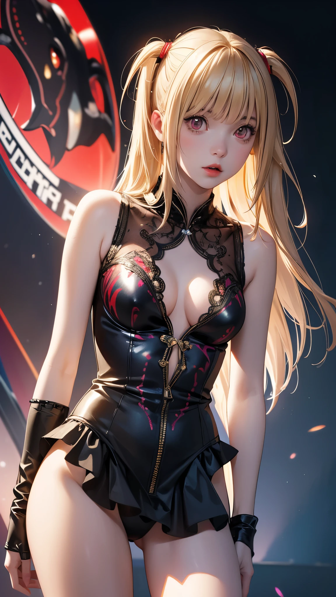 (best quality,highres:1.2),ultra-detailed,realistic,photorealistic:1.37,a beautiful girl (Misa Amane - Death Note) Anime Design) model in a fantasy style,1,long legs,medium breasts,extremely detailed face (with emphasis on red eyes).She is dressed in soft translucent fabric clothes, more than half of her body is naked. The clothes emphasize her sexuality,bent down, lifting her ass to the top,there is an artfully executed tattoo on the right thigh of her leg, the girl stands in this angle (showing everyone her tattoo),illustration,colorful pop art style,dynamic lighting,neon colors.Nsfw