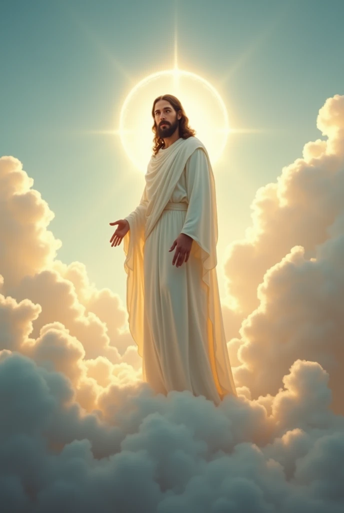 Jesus standing on a cloud with a halo around him, white clothes, eyes with bright light, conceptual artwork de deus, inspirado by Christophe Vacher, wlop e rhads, greg olsen, Jon McNaughton, by Christophe Vacher, conceptual artwork | rhads, Marc Adams, Peter Mohrbacher Donato Giancola, the young omnipotent god, divine and ethereal