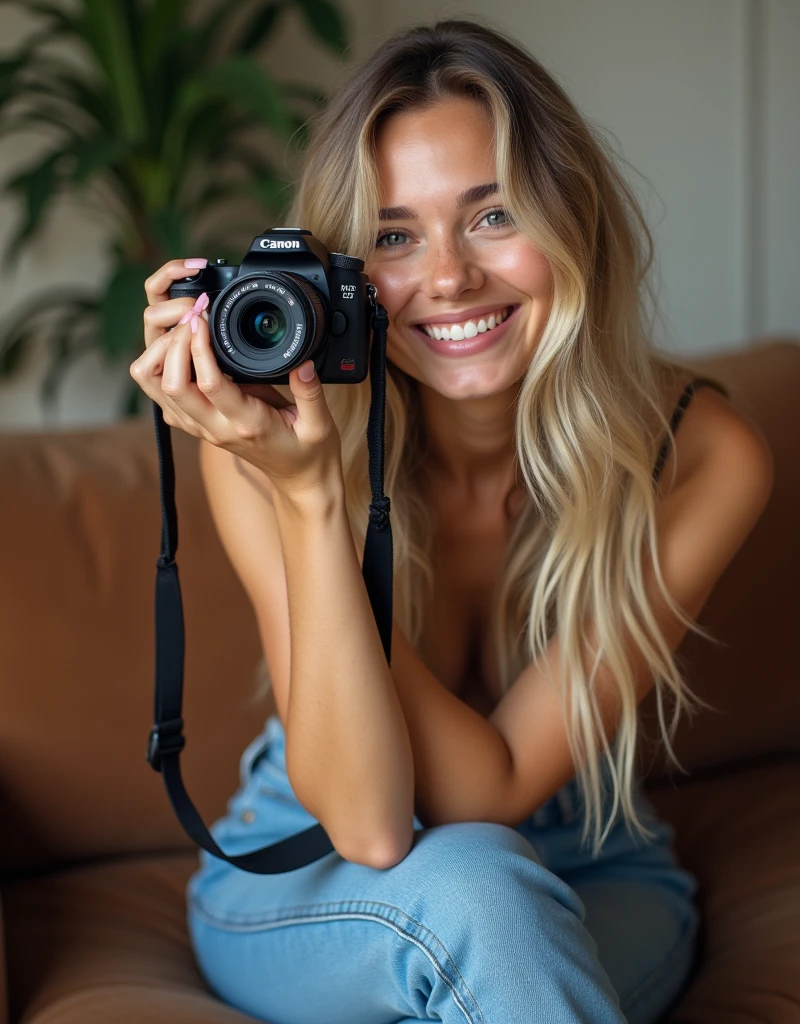 Cute blonde instagram influencer, sitting on a brown couch with a Canon R5 with a 50mm lens attached, jeans, 1, flirty smile