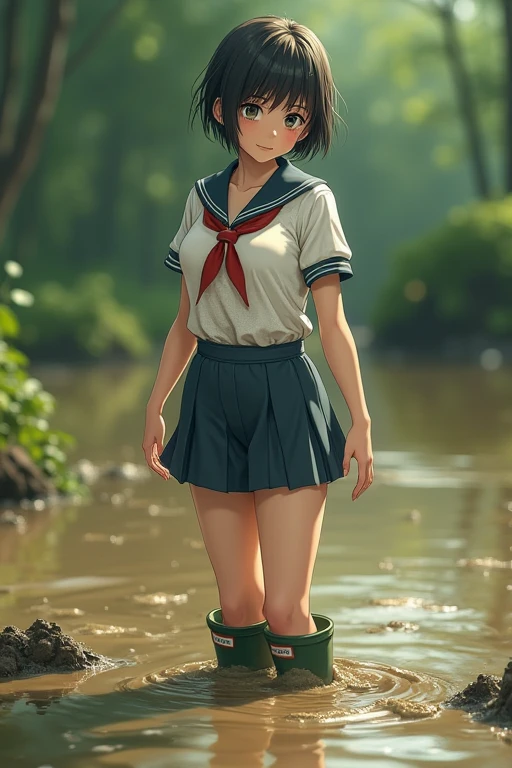 Highest quality、Very detailed、Genuine:1.38、A mature high school girl wearing a sailor suit、Short Hair、Sturdy physique、Plump upper arm、Getting stuck in mud while wearing Hunter rain boots、High school girl struggling in the mud、My feet are covered in mud and it's the best、Masturbation、Greenish brown swamp、smile、Dirty sailor suit、Butt Exposed、Disheveled Hair、The footprints I walked