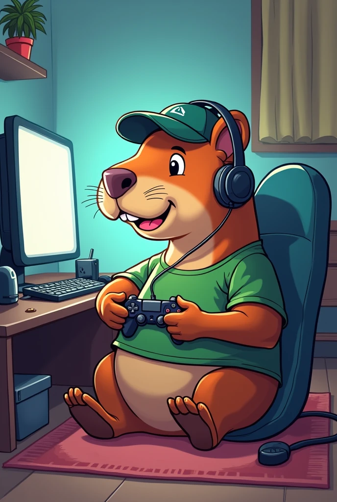 cartoon capybara with mustache playing video game in t-shirt, cap and headphones