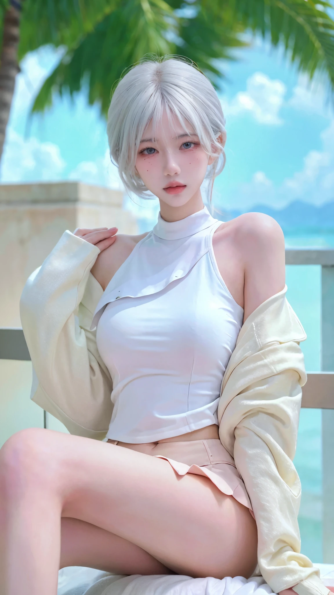 Beautiful woman with perfect figure:1.4，4K，Yoga background，Ultra-high resolution，Seductive laughter，White Legs，(Lifelike:1.4)，Layered hairstyle，White skin，Yoga Clothing，whole body，Very delicate face and skin texture，Double eyelids，Skin Whitening，White hair，