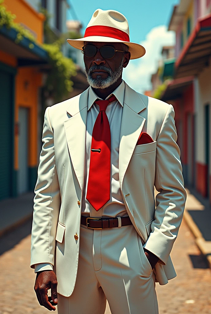 Your black-skinned Zé pilintra with features of a 50-year-old with his white suit and red tie on the streets of Rio de Janeiro with his white hat with a red stripe 