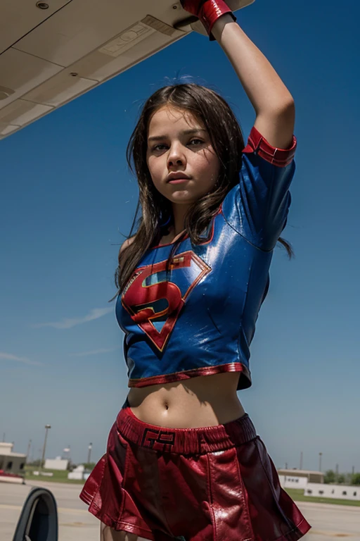 Eleven year old brunette girl dressed as supergirl punching a fighter plane in the sky