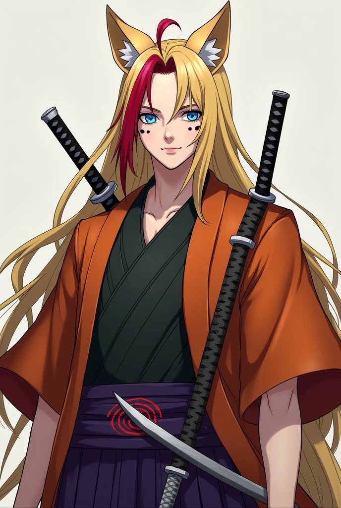 A  with long blond hair with a blood-red lock and two longer locks of the same blood-red on the back of his head that he left much longer and falling over his chest., eyes of the most beautiful sapphire blue and with their pupils being slanted like those of a fox, In addition to having three whisker marks on each of his cheeks, measuring 1,75, with a marked face, sharp and somewhat long, which gave him a natural charm and a foxy appearance, along with a muscular build, defined and broad-shouldered that belonged to someone of more advanced age and that would leave many Shinobis envious, having a body made for battle and enduring fatigue, No matter how brutal it is.waning moon pendant, a burnt orange haori and the red Uzumaki swirl on his back and arms, A very stylish black kimono with sleeves a little shorter than normal, Underneath that he was wearing a dark violet juban and because he looked closely at his wrists he noticed a carefully woven dark green compression vest underneath the juban., a black tabi, and unas waraji.In addition to having three swords tied to his left side, a katana, a wakizashi and a tantō, All three are quite simple and without too much detail..