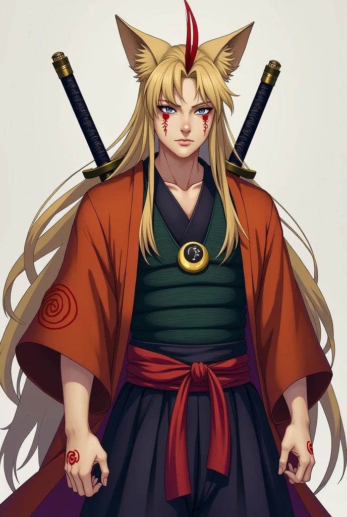 A with long blond hair with a blood-red lock and two longer locks of the same blood-red on the back of his head that he left much longer and falling over his chest., eyes of the most beautiful sapphire blue and with their pupils being slanted like those of a fox, In addition to having three whisker marks on each of his cheeks, measuring 1,75, with a marked face, sharp and somewhat long, which gave him a natural charm and a foxy appearance, along with a muscular build, defined and broad-shouldered that belonged to someone of more advanced age and that would leave many Shinobis envious, having a body made for battle and enduring fatigue, No matter how brutal it is.waning moon pendant, a burnt orange haori and the red Uzumaki swirl on his back and arms, A very stylish black kimono with sleeves a little shorter than normal, Underneath that he was wearing a dark violet juban and because he looked closely at his wrists he noticed a carefully woven dark green compression vest underneath the juban., a black tabi, and unas waraji.In addition to having three swords tied to his left side, a katana, a wakizashi and a tantō, All three are quite simple and without too much detail..