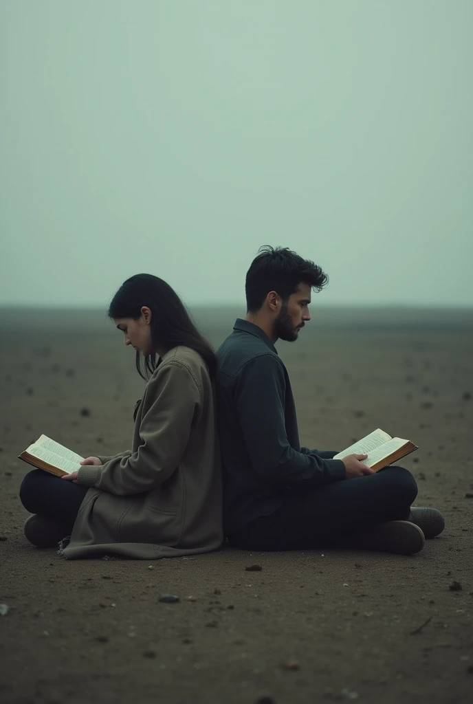 Make me a picture where you can see a couple reading the Bible while sitting down, back to back,that is to say, that they are turning their backs on each other, Please make the image as wide as possible, that the couple looks far away .