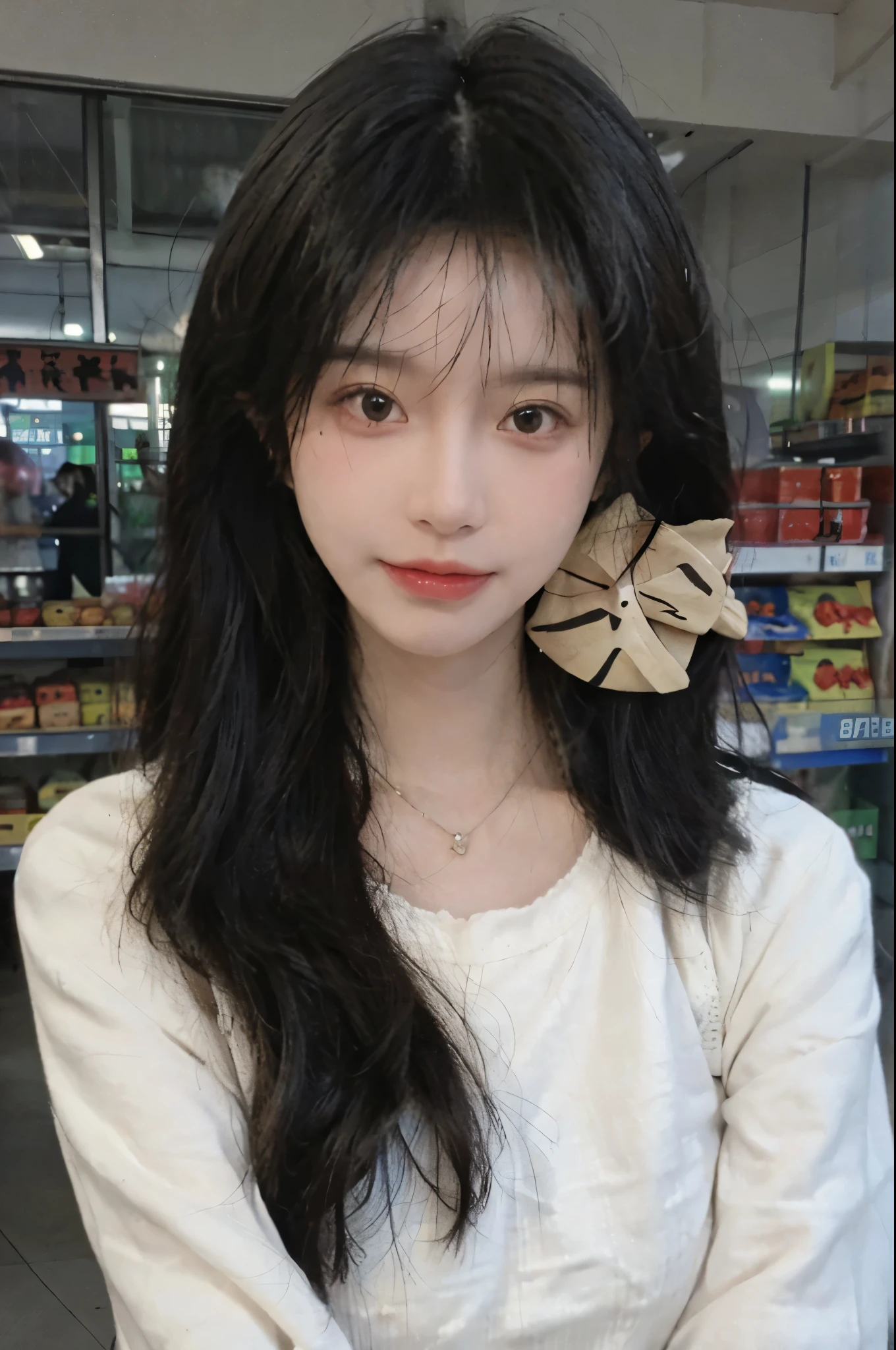 wear mask,Best quality,wear mask,Ultra-high resolution,(Realism:1.4),wear mask,Cute hairpins,girll,Cropped black sweater,wear mask,Look directly at the audience,Full of atmosphere,Beautiful woman with a slim figure:1.4,supermarket,whole body,Super delicate face,Exquisite eyes,Double eyelids,necklace