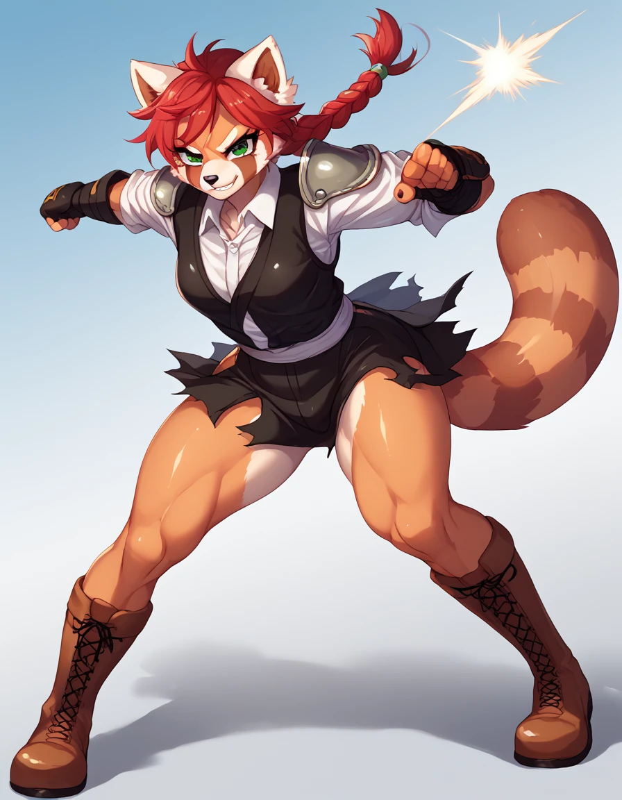 Solo, Score_9, score_8_up, score_7_up, kemono style, Kimiko, An Anthro furry red panda girl, red furry body, red panda tail, , black nose, red hair, braided hair, majestic, long legs, athletic arms and legs, green emerald eyes, toned legs, toned thighs,majestic,  heavy leather gauntlet on right side, heavy leather shoulder armor right side, rolled up sleeveless collared shirt, white dress shirt, torn skirt black, ripped skirt, battle damage, fighting pose, confident smirk, chi energy, monk techniques, martial arts, leather brown leather boots, visible legs, full body shot, punching, punching position 