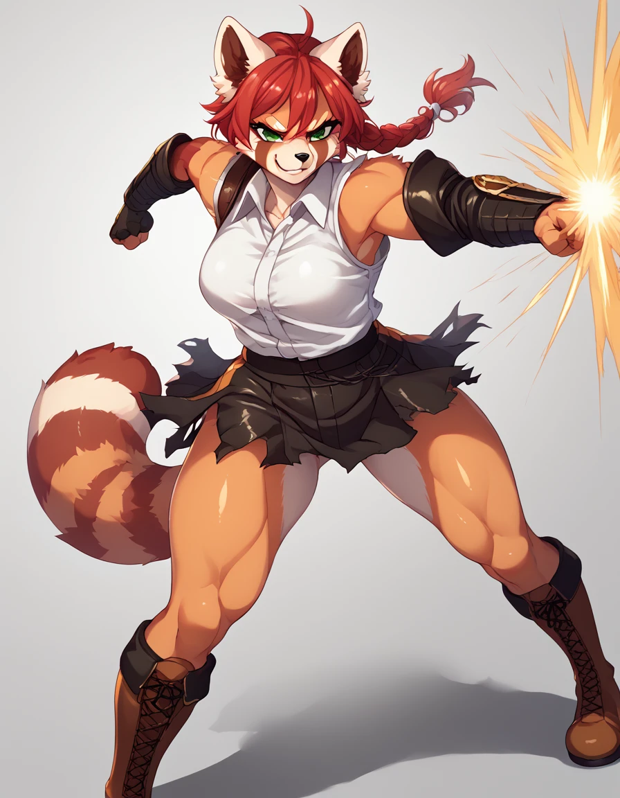 Solo, Score_9, score_8_up, score_7_up, kemono style, Kimiko, An Anthro furry red panda girl, red furry body, red panda tail, , black nose, red hair, braided hair, majestic, long legs, athletic arms and legs, green emerald eyes, toned legs, toned thighs,majestic,  heavy leather gauntlet on right side, heavy leather shoulder armor right side, rolled up sleeveless collared shirt, white dress shirt, torn skirt black, ripped skirt, battle damage, fighting pose, confident smirk, chi energy, monk techniques, martial arts, leather brown leather boots, visible legs, full body shot, punching, punching position 