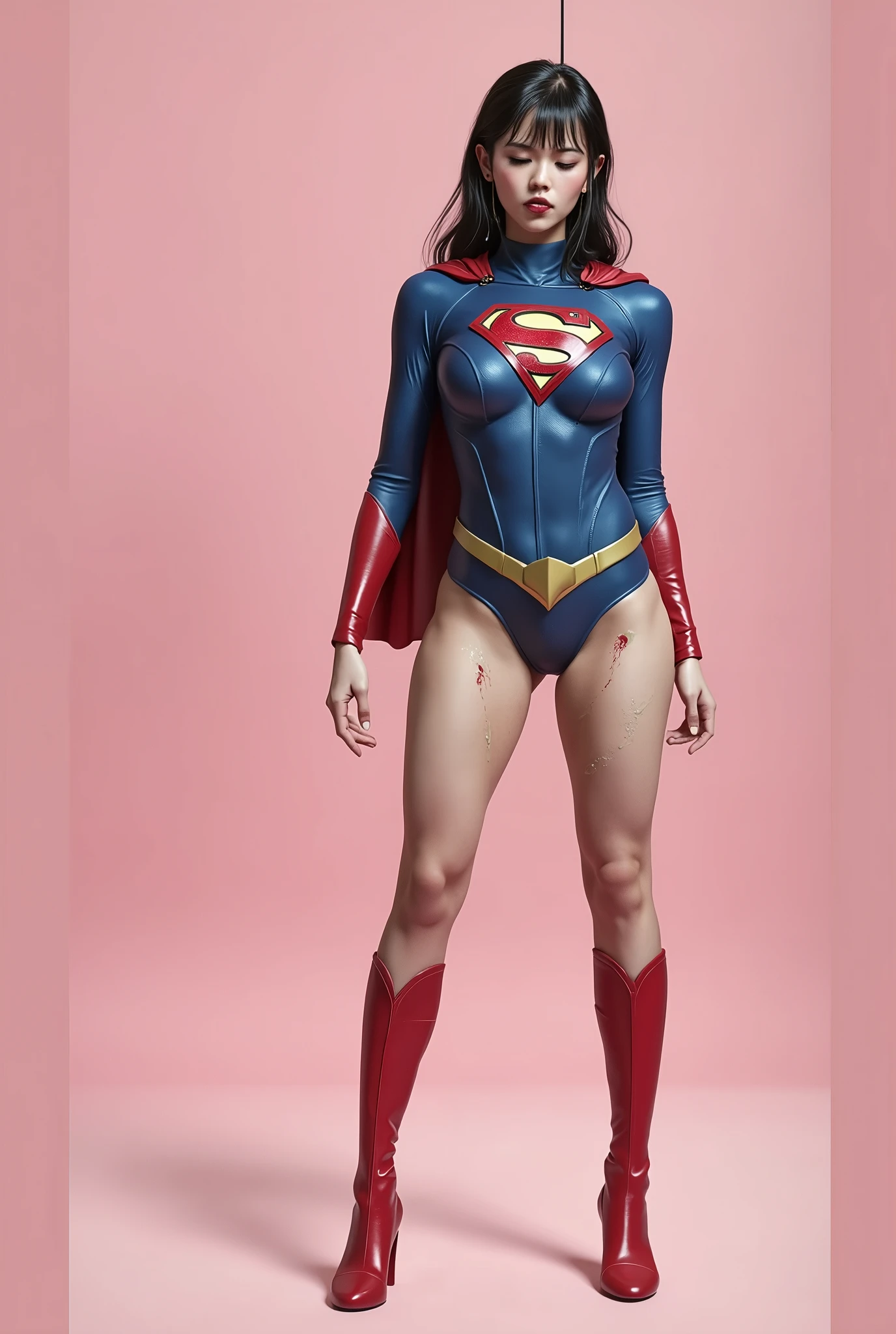 Wearing a Supergirl costume、The of the beautiful Japanese girl Supergirl, covered in green liquid 、Beautiful Japanese Supergirl、close your eyes、Bleeding from the groin、Face in pain、spit blood from the mouth、Hanged、Dead、Vomiting blood、Dead