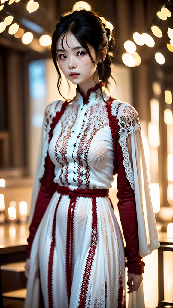 Female Adventurer, whole body, Game Art Style, (masterpiece),  Highest quality, High resolution, 4K, 8k, Detail View, Intricate details, Cinema Lighting, Great quality, 1 person、Elegant red and white lace style dress、A red and white line dress made of intricate and artistic lace、Pretty dress、Super Luxury Dresses、Beautiful black hair, Great Shade, Soft lighting, To the camera, Perfect Eyes