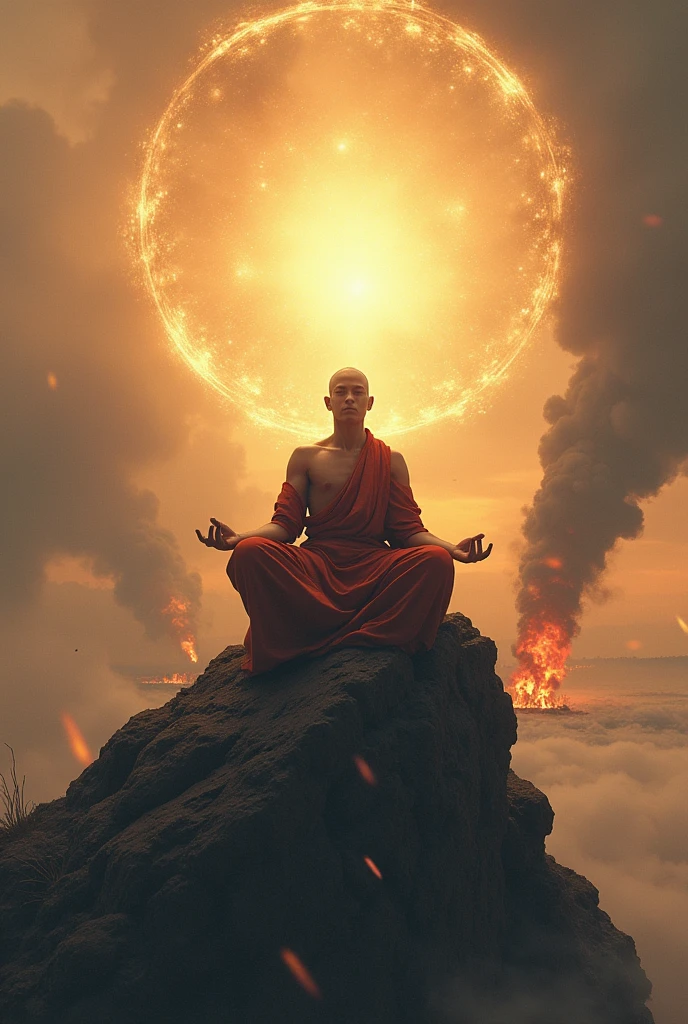 Raise a strong, young monk, he is meditating on a high mountain, he has an Aura around his body, the landscape is chaos, because your country is at war, he measured asking God to end the war