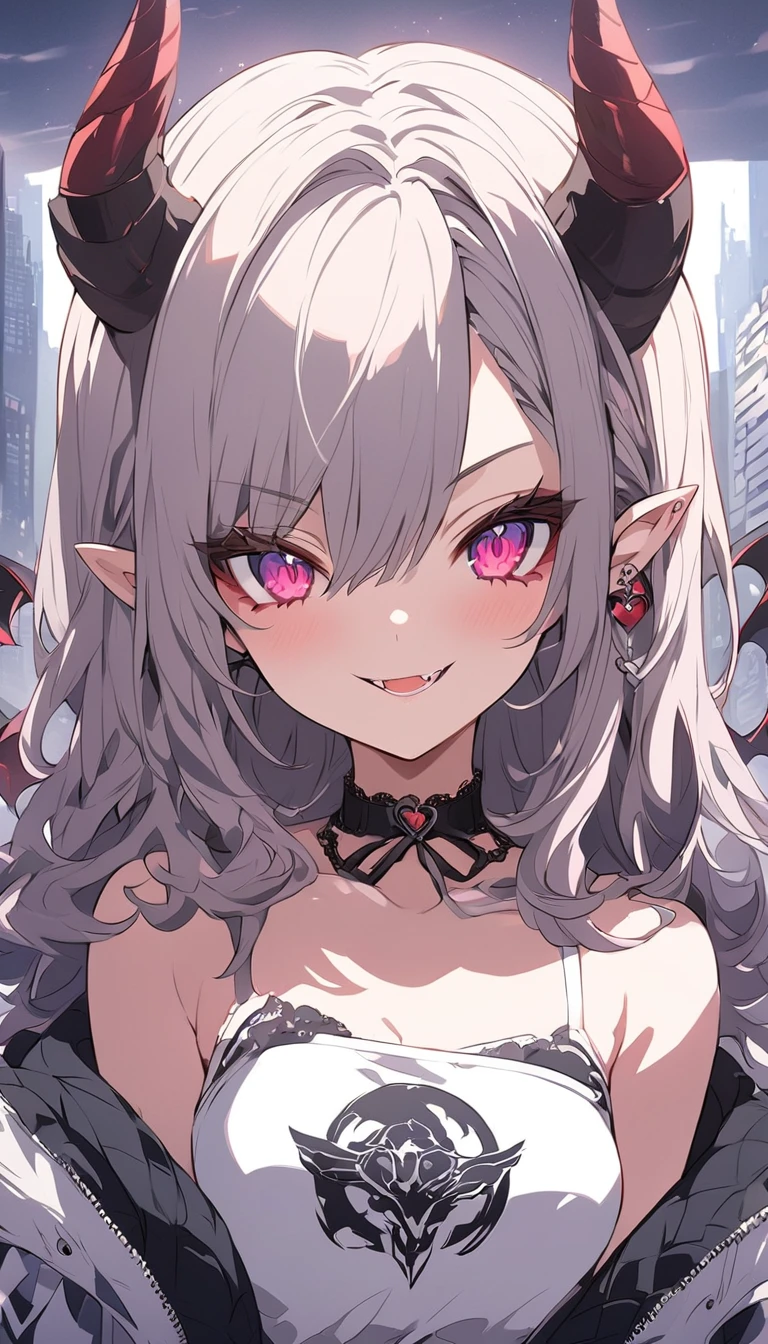 masterpiece, anime girl with horns and horns on the head, beautiful anime girl, cute anime girl, an anime girl, demon anime girl, very beautiful anime girl, cute anime girl, anime style flat shading, anime art moe style, wallpaper hellish city