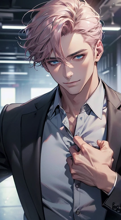 (best quality,4k,8k,highres,masterpiece:1.2),ultra-detailed,(realistic,photorealistic,photo-realistic:1.37),cinematic lighting,1:4 hdr image,a mature man, 2,very handsome,cold expression smile in love, short grey pink hair,blue eyes,flawless face,buttoning his jacket,CEO
