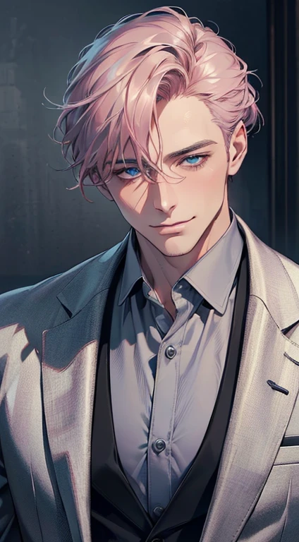 (best quality,4k,8k,highres,masterpiece:1.2),ultra-detailed,(realistic,photorealistic,photo-realistic:1.37),cinematic lighting,1:4 hdr image,a mature man, 2,very handsome,cold expression smile in love, short grey pink hair,blue eyes,flawless face,buttoning his jacket,CEO