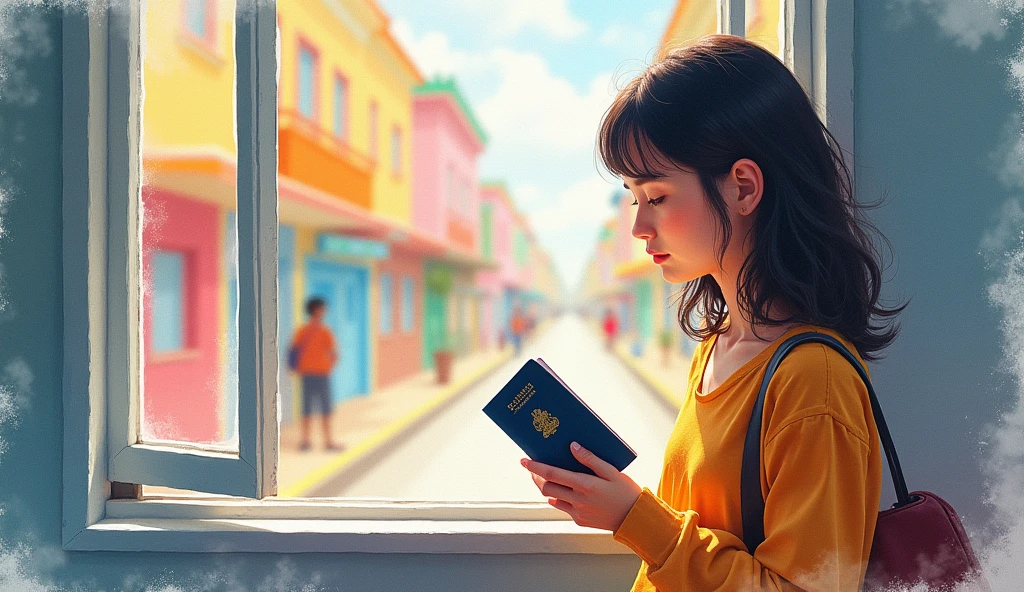 Watercolor art of a person with a passport, thoughtful in the background a window that allows you to see a road colorful image watercolor art