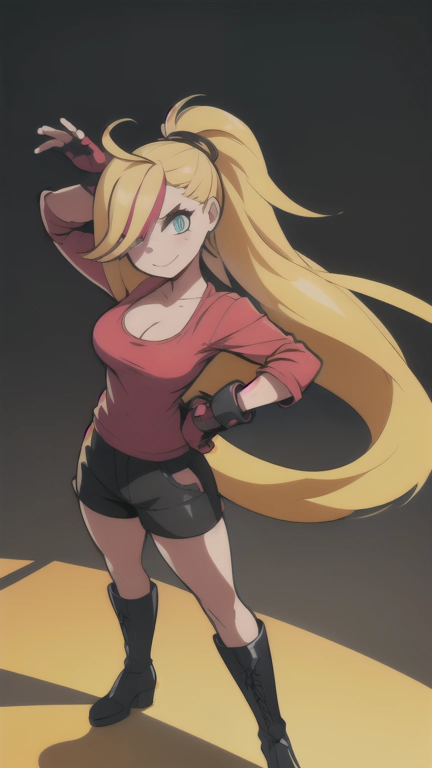 (best quality:HD, Colorful, 3D, 3d render , cartoon, 1.2),solo,1girl,mdrin,smile,looking at viewer,lovely pose, ponytail,v-shaped eyebrows,red shirt, cleavage , fingerless gloves,black shorts , rooftop, night sky, dark night,background, colorful tones, Hair over one eye, ultra long hair, standing on hooftop, long boots, long ponytail, blonde, holding a perfect katana sword,