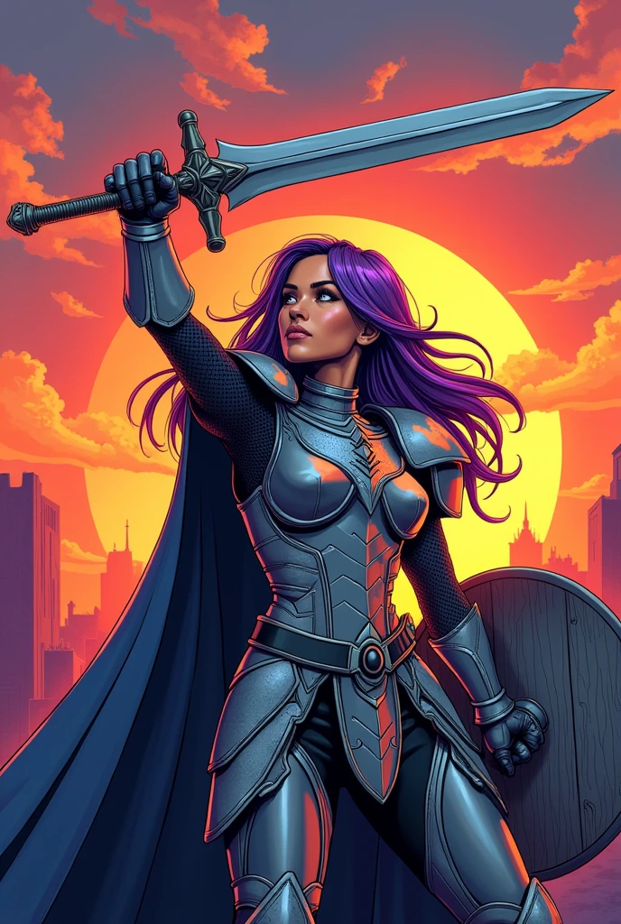 80s comic book style illustration of a female warrior with purple hair wearing armor, slightly in profile, holding his steel shield at his side, raising his medieval sword with his arm stretched out above his head pointing towards the sunset