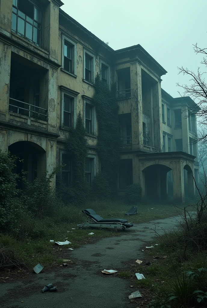 Imagine a desolate and dark landscape, where an old abandoned psychiatric hospital stands amid the growing darkness of dusk. The façade of the building is weathered, with broken windows and walls covered in vines that seem to suffocate the structure. The vegetation around it grew haphazardly, invading the space and giving a feeling of complete abandonment.
The courtyard in front of the hospital is a debris field: rusty wheelchairs, overturned stretchers and old medical tools scattered across the floor, as if everything had been left behind in a moment of panic. A light mist covers the ground, partially obscuring details and creating unsettling shadows that appear to move on their own.
Inside the building, long, dark corridors stretch on and on, with heavy metal doors ajar, creaking softly as they are pushed by the wind. In floor, old papers, patient records and faded photographs are scattered, as if the past still haunted the place. Fluorescent lights flicker intermittently, casting sporadic flares that reveal the surroundings in quick flashes, increasing the feeling of tension.
The sounds are minimal, just the distant echo of dripping water somewhere, accompanied by occasional, barely audible whispers, as if the building itself were whispering forgotten secrets. Every step reverberates through the empty corridors, making it seem like something or someone is always near, just out of sight.
The atmosphere is dense with a feeling of total abandonment, where the silence is broken only by the sound of the wind howling through the broken windows, carrying with it the feeling that the place, although empty, is not really unoccupied.