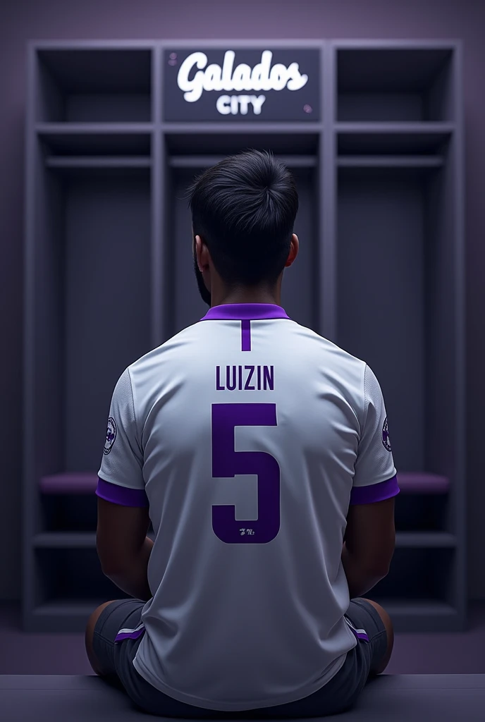 football locker room with a football player's cabin in this cabin there will be a white shirt with purple details (minimalists) on the collar and at the tip of the sleeve the shirt must be showing the back with the name LUIZIN highlighted and the shirt number must be number 5, the cabin at the top must contain the name of the club which is GALADOS CITY, all ambient light must be off, only the light of the sign with the name GALADOS CITY and a low light above the shirt indicating prominence must be on. (The image should be centered and not too far away) and the player with slightly dark skin, short black hair and a beard showing that he cares about the current fashion style must be wearing pre-game clothes different from the shirt that is hanging in the locker room, the one he is wearing is gray with purple details on the sleeve and collar of the shirt and on the shorts, the player in the image must be sitting facing forward with his head down (indicating pre-game concentration)