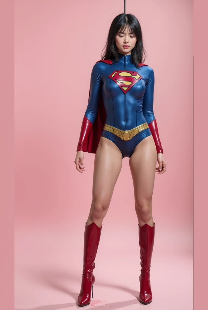 Wearing a Supergirl costume、The  of the beautiful Japanese girl Supergirl, covered in green liquid 、Beautiful Japanese Supergirl、close your eyes、Bleeding from the groin、Face in pain、spit blood from the mouth、Hanged、Dead、Vomiting blood、Dead