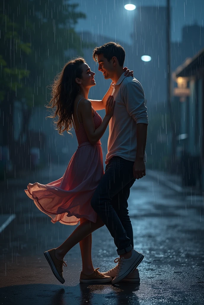 Woman and man playing in the rain at night 