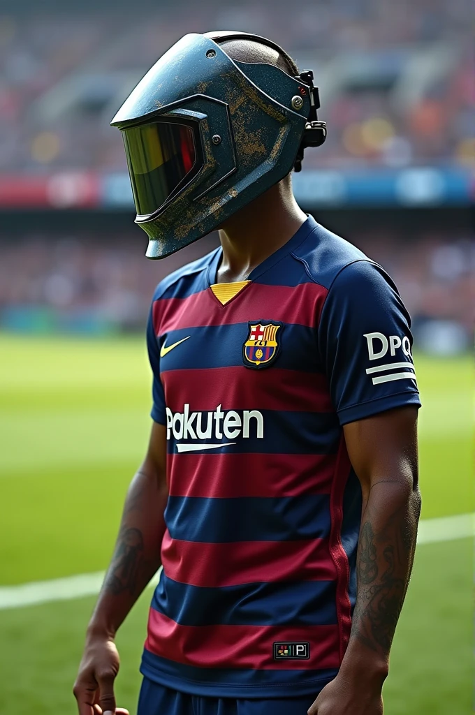 Barcelona footballer with number 10 and the name DPR 10 wearing a welding mask on his head