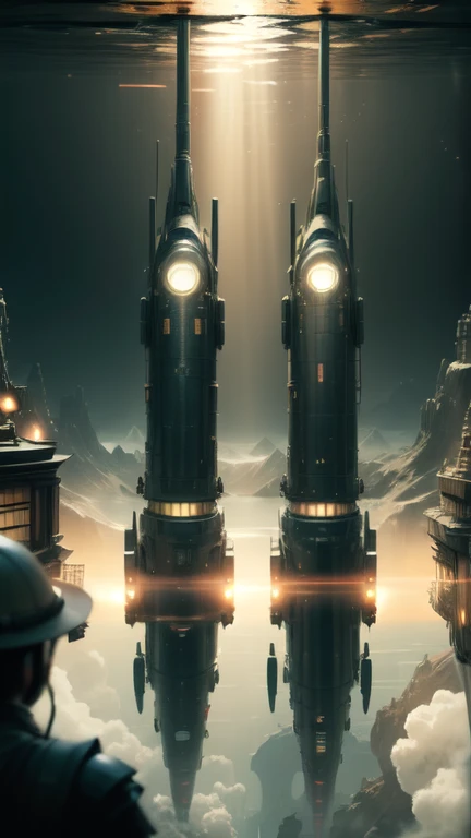 Fantasy，8k,Extremely detailed, masterpiece,High resolution,Highest quality,Increase the resolution,Cinema Lighting,Different space，6-dimensional world，Giant submarine，Submarines are the main focus，Ancient Undersea City，deep sea，Japan Trench，Dazzling Light，In the vast ocean，眼下にAncient Undersea Cityが広がる、vast composition，deep sea6000m,Diagonally from above