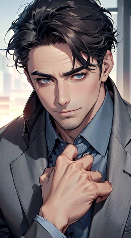 (best quality,4k,8k,highres,masterpiece:1.2),ultra-detailed,(realistic,photorealistic,photo-realistic:1.37),1 man,3,mature man,very handsome,without expression,smile,short grey black hair,blue eyes,penetrating gaze,perfect face without errors,imposing posture,businessman,office background,cinematic lighting,hdr image