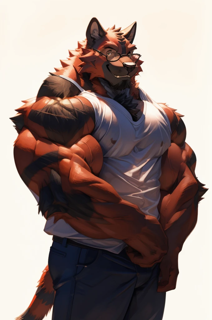 1boy, 1man, solo, a (furry incineroat) standing, (face, detailed face, glasses), white background , front view, massive muscular , sixpack, (shirt), well-muscled old man. ((thick arms, huge pec, huge arms)), wide smiling. Add textures and details to make the image more realistic, such as the appearance of the. Make sure the resulting image is high resolution, 8K quality