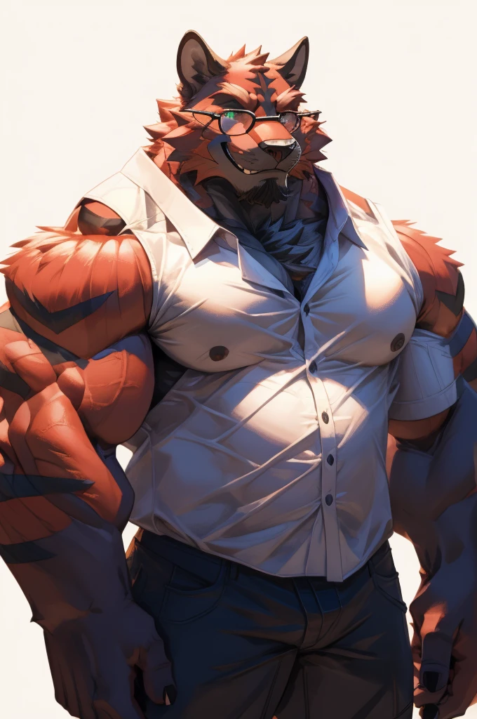 1boy, 1man, solo, a (furry incineroat) standing, (face, detailed face, glasses), white background , front view, massive muscular , sixpack, (shirt), well-muscled old man. ((thick arms, huge pec, huge arms)), wide smiling. Add textures and details to make the image more realistic, such as the appearance of the. Make sure the resulting image is high resolution, 8K quality