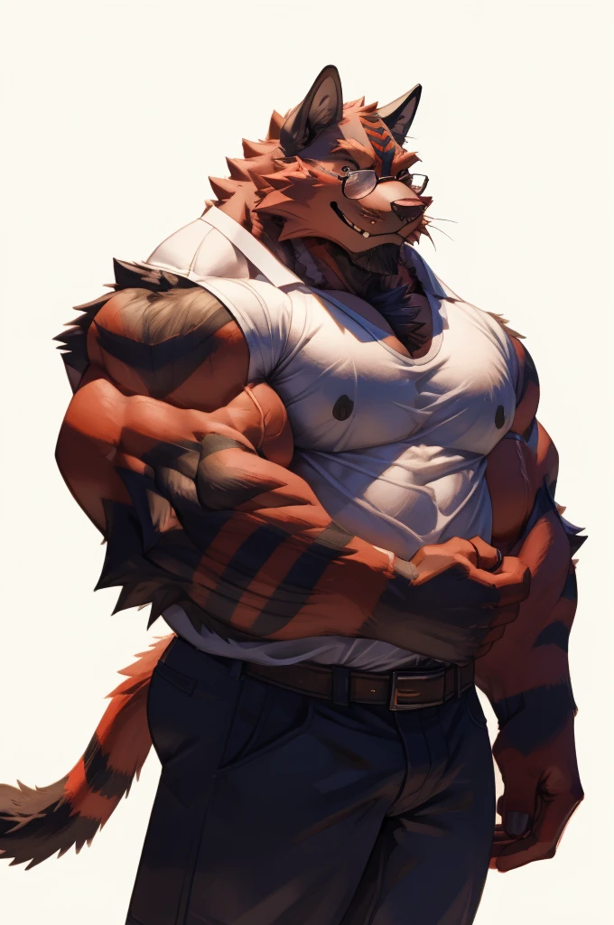 1boy, 1man, solo, a (furry incineroat) standing, (face, detailed face, glasses), white background , front view, massive muscular , sixpack, (shirt), well-muscled old man. ((thick arms, huge pec, huge arms)), wide smiling. Add textures and details to make the image more realistic, such as the appearance of the. Make sure the resulting image is high resolution, 8K quality