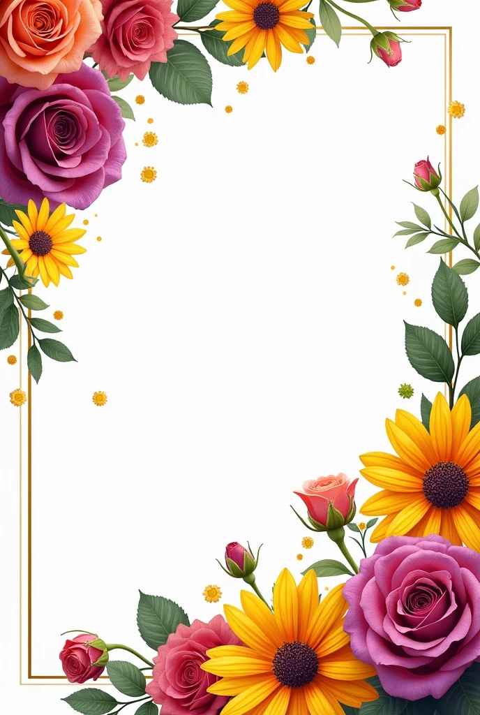 Many roses of various colors and sizes joined with daisies in a frame with a blank space for a title. The predominant colors are purple, rosewood, yellow, orange and their variants. It should be recharged and a little more messy.