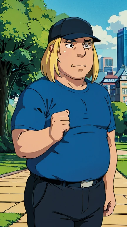 (1boy, chris griffin), (extremely detailed CG unit 8k wallpaper),(master part), (best quality), (ultra detail), (best illustration),(ghibli style), cowboy shot, (Sharp eyeliner, ombre, detail eyes:1), city park, outdoors , break , (GHIBLI_Background), upper body, fat boy, blue shirt, baseball cap, black pants,