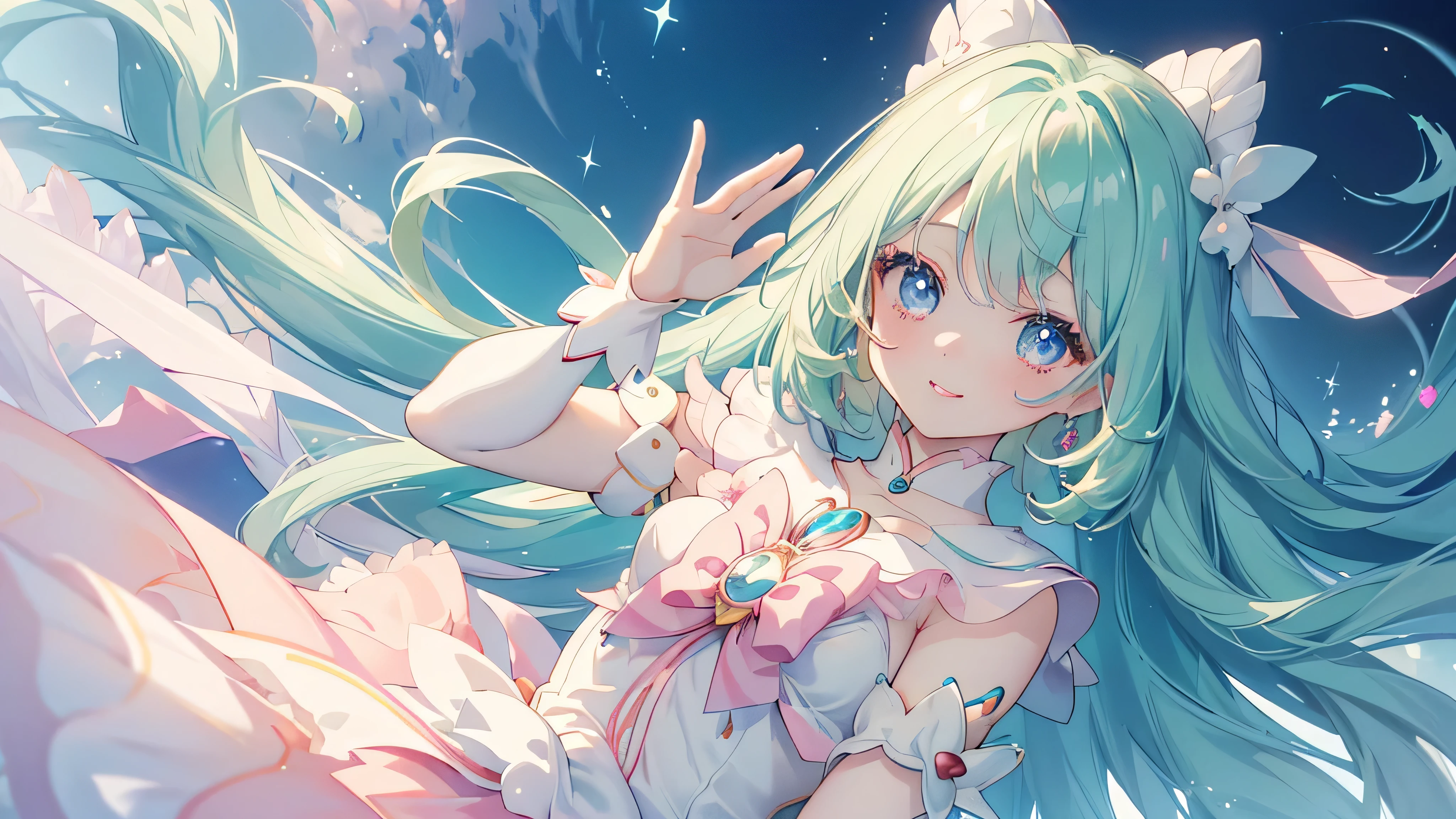 (,Lying on your back,Waving the magic wand), (((Highest quality、masterpiece、Ultra-fine、Ultra-fine、髪UP,Green Hair,Exquisite、magic circle,dress,16K,cute,The best smile,Full HD,))), ( ((summer,One person,かわいいMagical girl,)))Blue Eyes、Long eyelashes、White skin、(Pale pink lips、Pale pink cheeks、thin and long)、((かわいいMagical girl,The best smile)), (One person)) 、(blue sky)) 、 ((Magical girl)