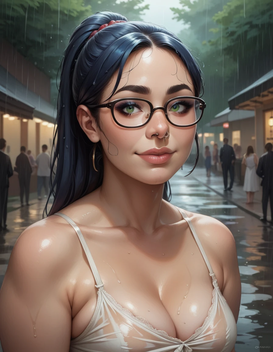 1girl, masterpiece, (chubby), ((dark eyeliner)), best quality, realistic face, black and blue hair with bangs and ponytail, large glasses, , , , green eyes, nose ring, chubby cheeks, long nose, low nose, high lips, dark eyebrows, ((trad blue and grey sundress)) thunderstorm background, ((raining)), ((golden hour lighting)), back porch background, big smile, w3t (full body picture) ((swollen and engorged breasts))
wet top, wet hair, t, breasts silhouette