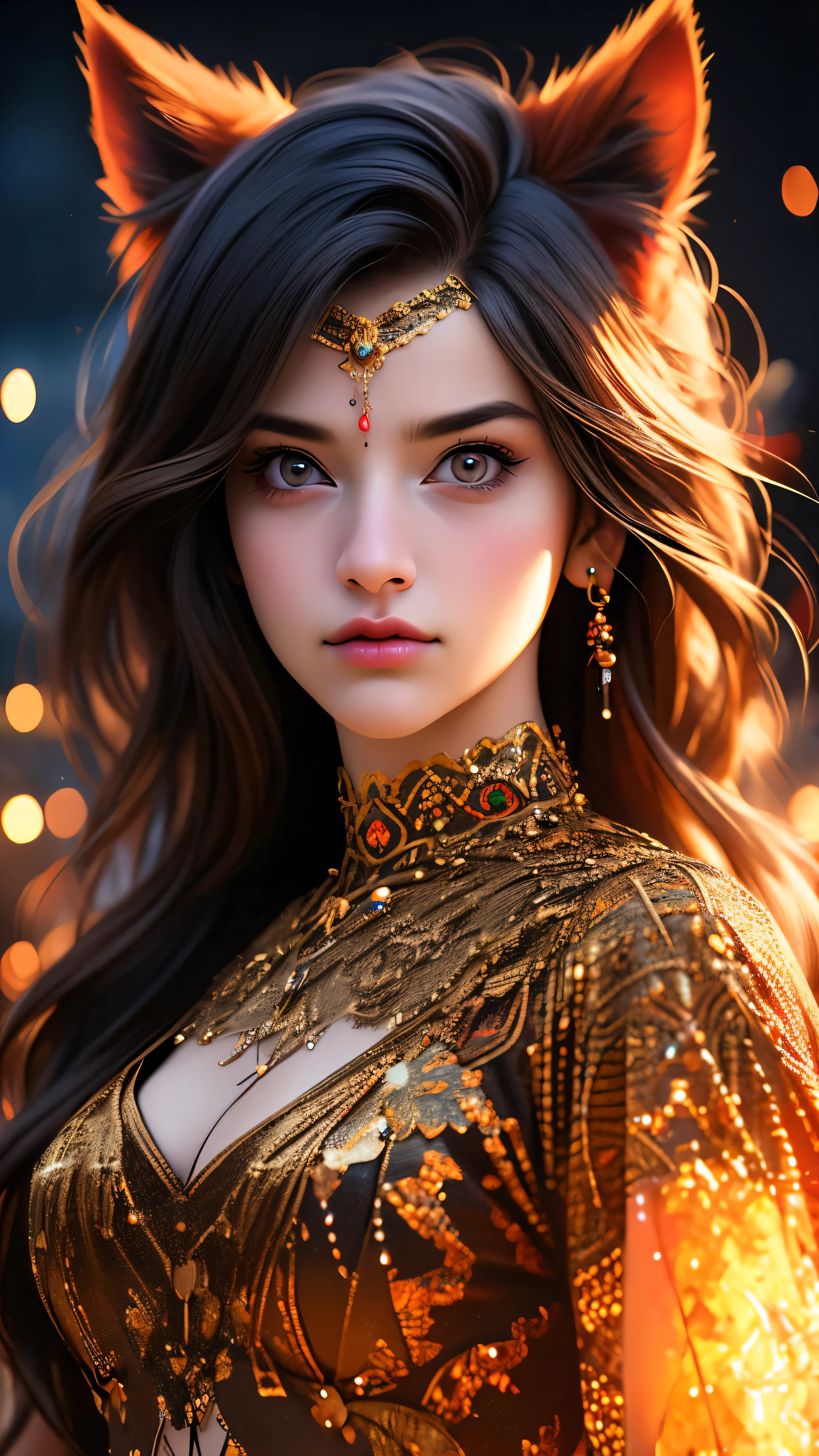 1girl, cat ears, glowing eyes, fire, sunset, cloudy sky, animal ears, navel, breasts, embers, looking at viewer, dramatic lighting, vibrant colors, volumetric lighting, chiaroscuro, cinematic composition, fantasy, magical, mystical, (best quality,4k,8k,highres,masterpiece:1.2),ultra-detailed,(realistic,photorealistic,photo-realistic:1.37),digital art, highly detailed face, intricate details