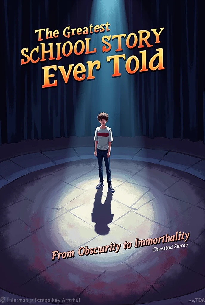 Teenager on an empty school stage and below on a stage as if he were presenting a show with the name above that says “the greatest school story ever told” and below “from obscurity to immortality”