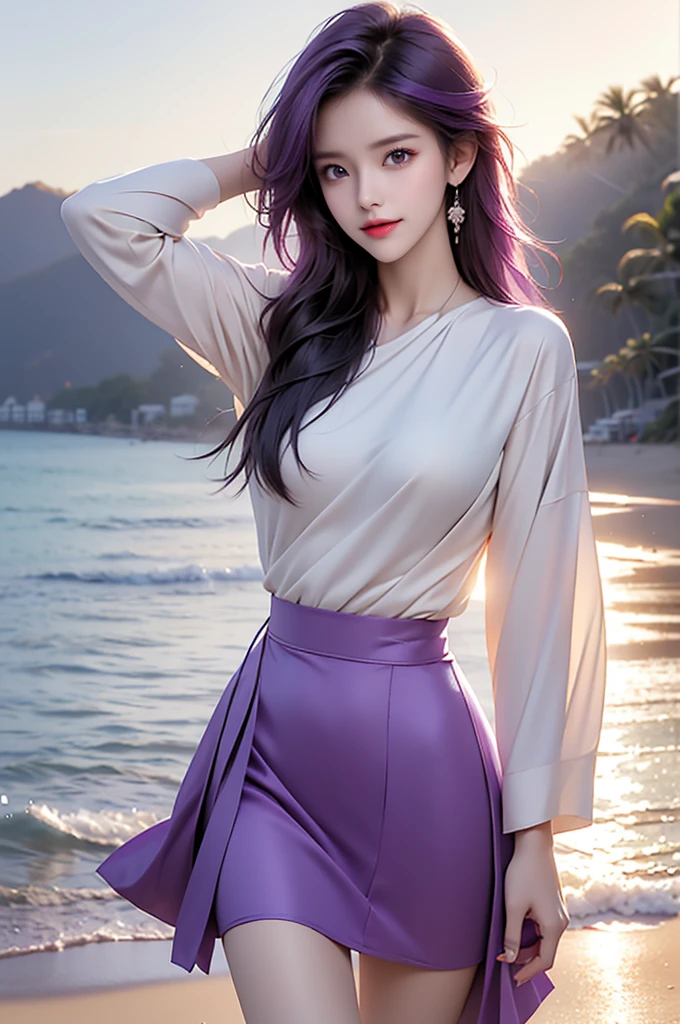 RAW PHOTO, 独奏, alone, Elegant mature woman, Bright purple hair, Very long hair, bangs, mini skirt, blouse, (turn back:1.1), Light jacket, Soft Light, high quality, 4K resolution, (walking alone on the beach:1.3), (summer sunset:1.2), smile, (upper body), (active posing:1.4),