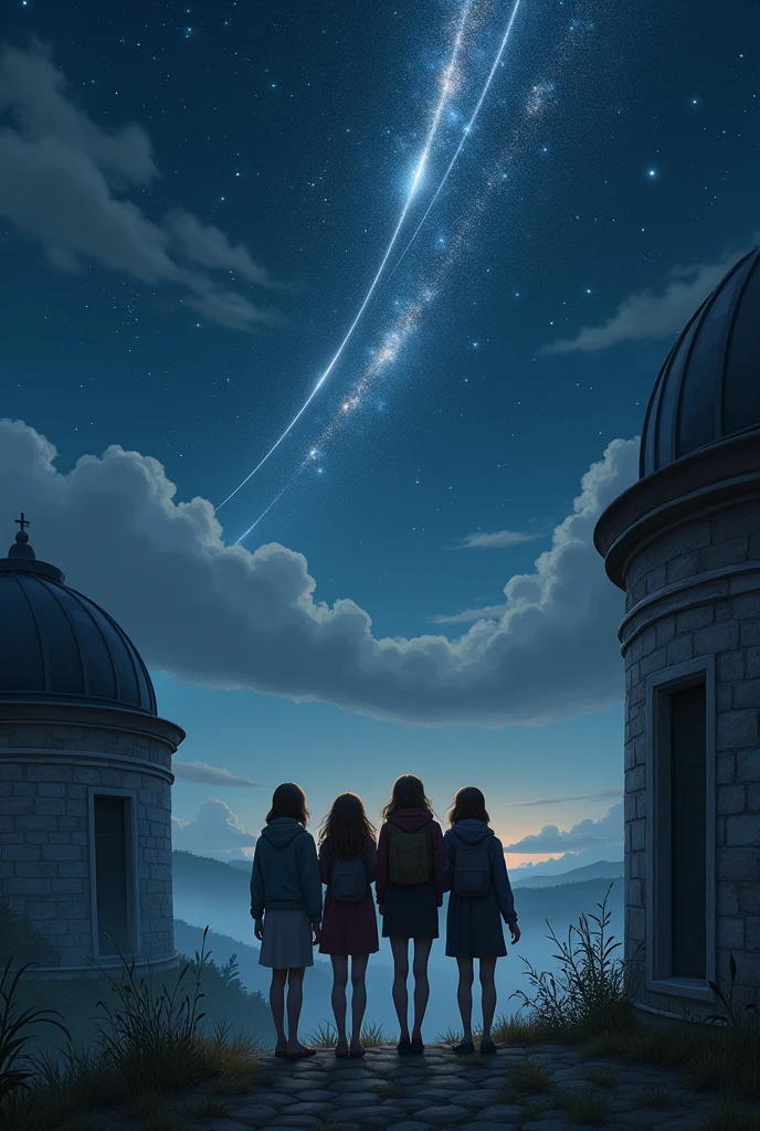 Imagine and draw the scene where the four friends are in the abandoned observatory, watching the rain of shooting stars. How do you imagine heaven?, The stars, and the expression of friends