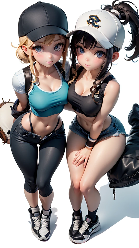 2 girls, several girls,(high level image quality),(high quality),(High resolution),(Details),(nafw),(masterpiece),(artwork:1.2), (realist),looking at the viewer, detailed eyes, Perfect eyes, detailed face,(baseball cap),dynamic pose,(completely white background),((leg warmers)),(crop top),(under the chest),(Line art),(from above:1.2), (sneakers), (NSFW), 