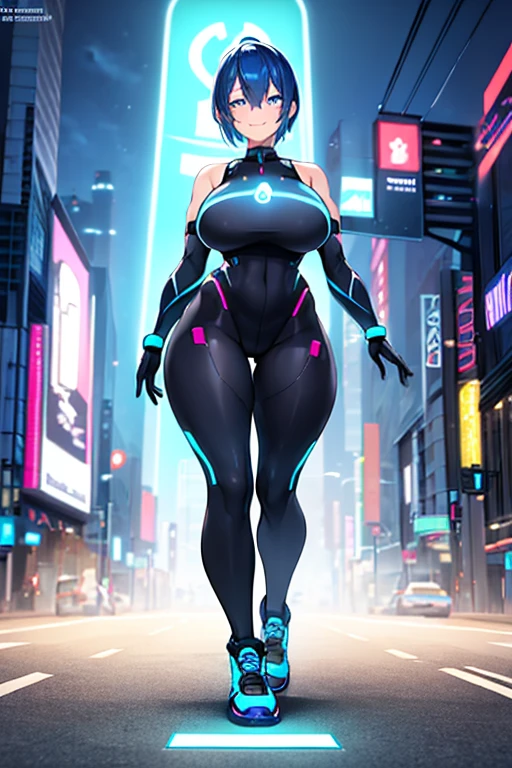 1girl, breasts, large breasts, wide hips, blue hair, very short hair, bodysuit, black bodysuit, blue trim, standing, walking, science-fiction, futuristic, tech, neon trim, neon, smile, full body, sneakers, shoes, ((full body))