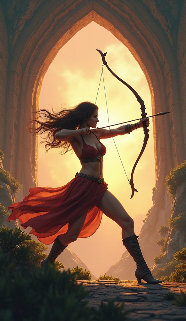 ((1 girl, dynamic archer posture, detailed bow and arrow stance:1.5)), intricate arch, dramatic movement, Attractive silhouette, Flying hair, intense focus, Muscular Physique, textura de pele realista, high qualiy, 8k, cinematic lighting, dramatic shadows, warm color tones, swirly vibrant colors, fantasy landscape background, lush vegetation, rocky cliff, dramatic sky, dynamic action, striking composition, work of art, photorrealistic, hyper detailled