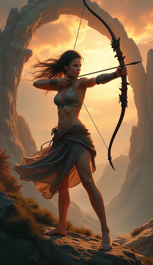 ((1 girl, dynamic archer posture, detailed bow and arrow stance:1.5)), intricate arch, dramatic movement, Attractive silhouette, Flying hair, intense focus, Muscular Physique, textura de pele realista, high qualiy, 8k, cinematic lighting, dramatic shadows, warm color tones, swirly vibrant colors, fantasy landscape background, lush vegetation, rocky cliff, dramatic sky, dynamic action, striking composition, work of art, photorrealistic, hyper detailled