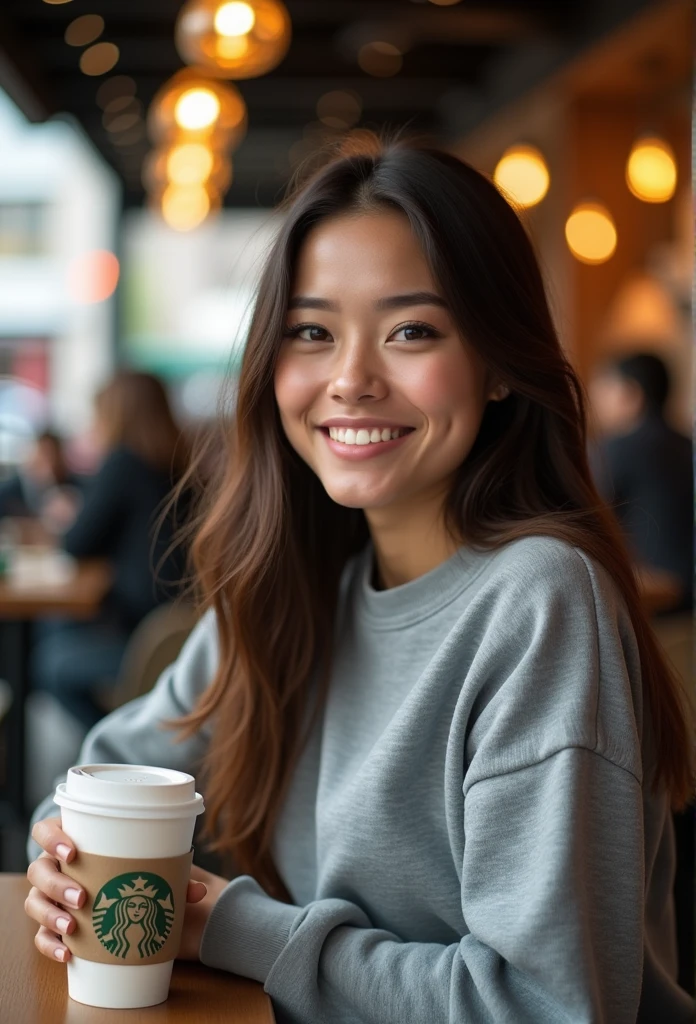 Gorgeous 20 year old girl, with straight hair, Poil long, brown-hair, Brown eyes, métis, generous chest, tenant dans sa main café, dans un starbucks, realistic, smiling, habillé avec un sweat oversize gris, espagnole, with other people, assise, photos taken from the side, post Instagram