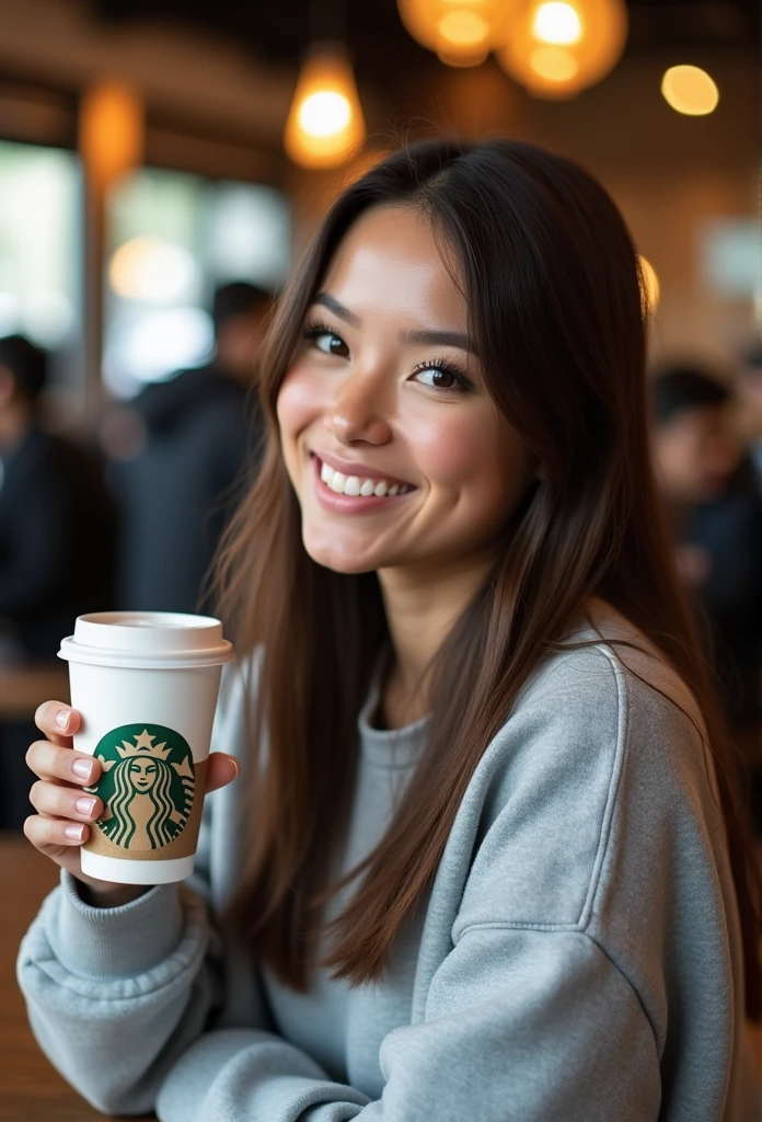 Gorgeous 20 year old girl, with straight hair, Poil long, brown-hair, Brown eyes, métis, generous chest, tenant dans sa main café, dans un starbucks, realistic, smiling, habillé avec un sweat oversize gris, espagnole, with other people, assise, photos taken from the side, post Instagram